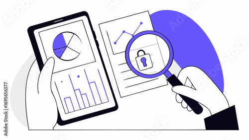 A hand uses a magnifying glass to examine charts and a tablet displaying graphs, emphasizing data security and analysis.