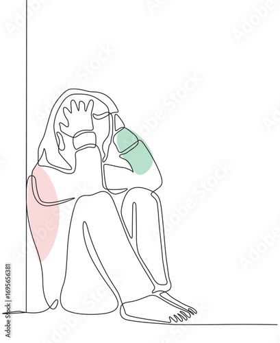 Woman in depression in one-line art