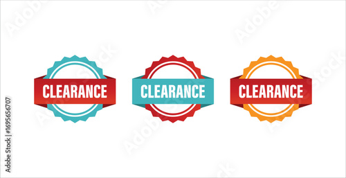 Set of three clearance sale badges with red blue and orange color variations