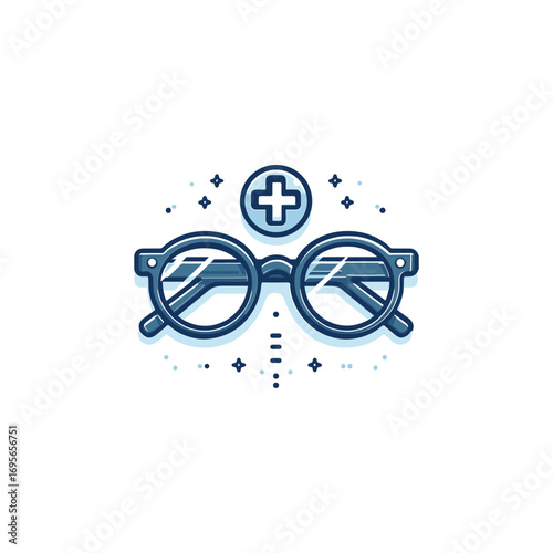 Stylish eyeglasses with a health symbol above them