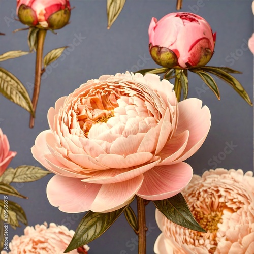 Delicate pink peonies on a gray background
