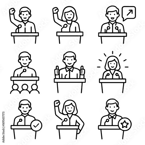 Diverse Line Art Illustrations of Speakers at Podiums Demonstrating Various Actions.