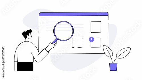 A simple line art illustration of a person using a magnifying glass to examine data on a computer screen. Minimalist design with purple accents.
