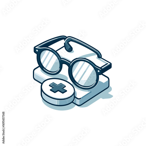 Stylish glasses resting on a medical cross symbol