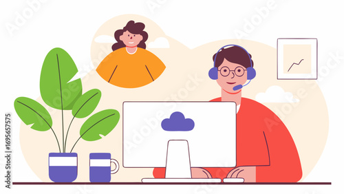 Illustration of a person wearing a headset, using a computer to provide customer support. The scene shows a friendly and helpful online support interaction.