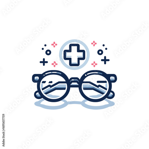 Stylish glasses with a medical cross symbolizing care