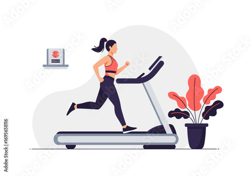Young woman exercising on a treadmill indoors for fitness and health