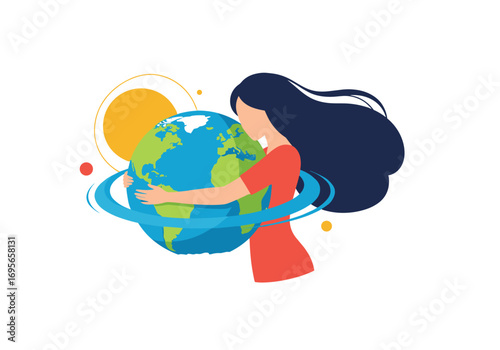 A woman embraces the planet earth with care and love symbolizing environmental protection and sustainability