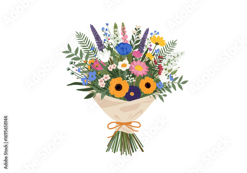 A vibrant bouquet of wildflowers hand tied with natural wrapping and ribbon