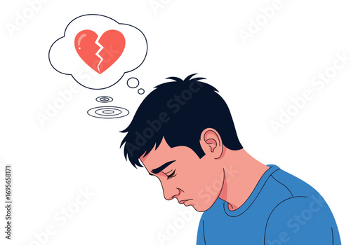 Young man contemplating a broken heart sadness over relationship problems and emotional distress