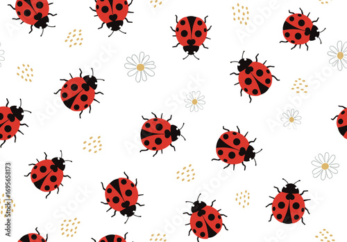 Charming pattern of adorable red ladybugs with black spots and small white daisies scattered across a clean white background