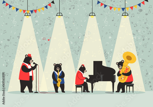 A charming grizzly bear band delights an audience with a lively musical performance on stage