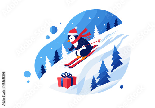 Cute penguin skiing down snowy hill wearing santa hat and scarf delivering holiday gift box