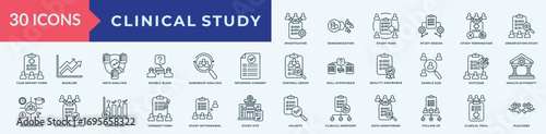 Clinical Study icon collection set with investigator, randomization, study team, study design, study termination, observation study