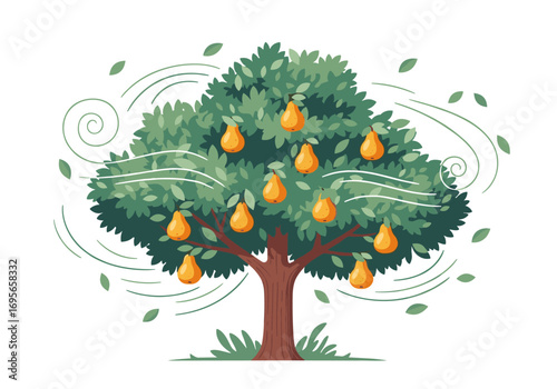 A lush green tree laden with ripe yellow pears swaying gently in a soft breeze a beautiful depiction of nature's bounty