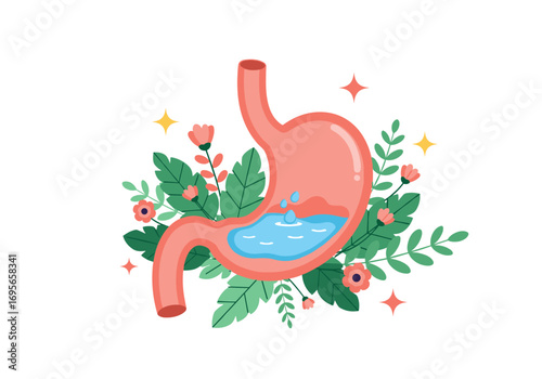 Anatomy of a healthy human stomach with flowing water surrounded by green leaves and pink flowers and yellow sparkles