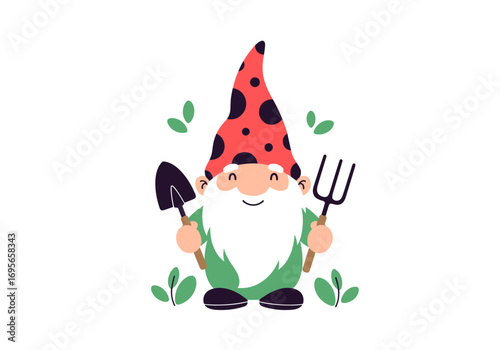 Charming cartoon garden gnome holding gardening tools a whimsical illustration of a cute gnome with a spade and fork for outdoor enthusiasts