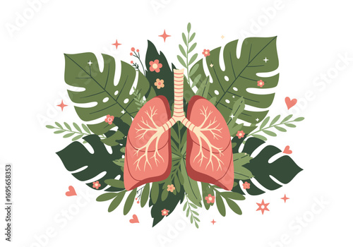 Healthy lungs surrounded by lush greenery and delicate flowers symbolizing vitality and well-being