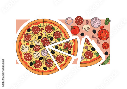 Deliciously topped sliced pizza meal with fresh ingredients and sliced onions tomatoes and mushrooms scattered around