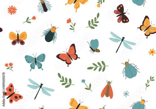 A delightful collection of flying insects and delicate flowers adorning a white background