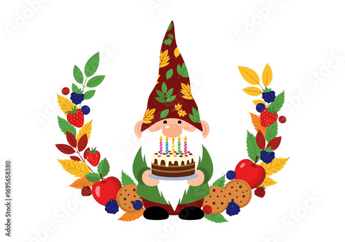 Adorable autumn gnome holding a birthday cake surrounded by fall foliage berries and cookies a delightful celebration illustration
