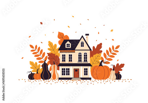 Charming autumnal scene featuring a cozy house surrounded by seasonal decorations and vibrant foliage
