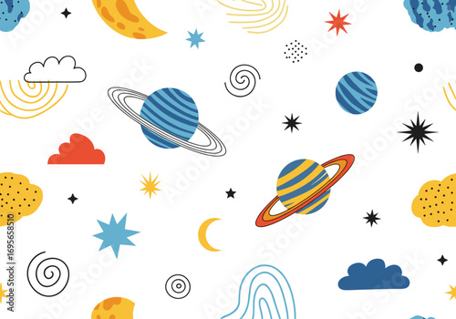 Whimsical pattern featuring planets stars clouds moons and celestial elements perfect for childrens decor