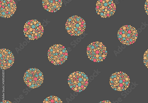 An abstract pattern of circular shapes composed of many small dots in pastel colors on a dark background