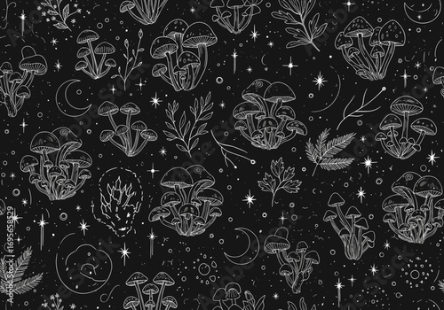 Enchanting celestial mushroom forest with twinkling stars and crescent moons dark aesthetic