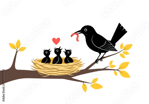 A mother bird feeds her hungry chicks in a nest on a branch full of autumn leaves