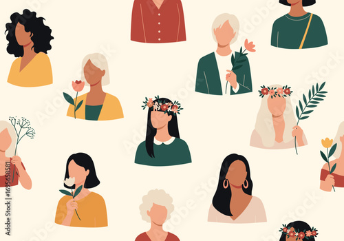 A vibrant tapestry celebrating diverse women united by beauty and strength in a seamless pattern