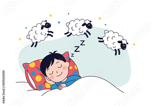 A young boy peacefully sleeping in his bed as fluffy sheep jump over a fence to help him drift off into a deep slumber