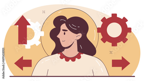 Pixel art illustration depicting a thoughtful woman surrounded by arrows and gears, symbolizing decision-making and forward movement.  Warm color palette and minimalist style.