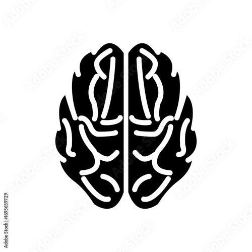 Monochrome silhouette of the human brain from a top view, a clean graphic design symbolizing intellect, neuroscience, and mental health
