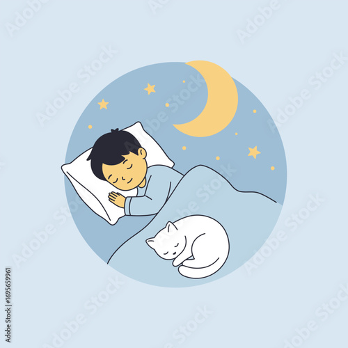 Peaceful slumber Boy and cat sleeping under a crescent moon and stars.