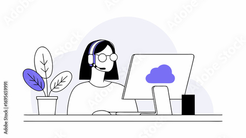 Illustration of a woman wearing a headset, working at a computer showing a cloud icon. Minimalist design in purple and white.