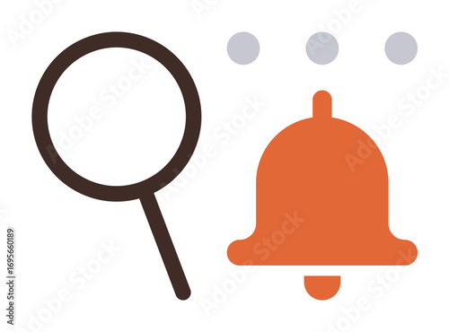 Magnifying glass symbolizing search, orange notification bell for alerts, and three gray dots. Ideal for search, notification, communication, information, online tools, productivity and design
