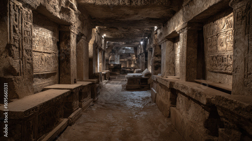 Ancient crypt stone tombs intricate carvings underground chamber mysterious atmosphere