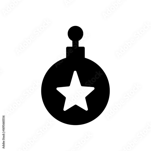 Monochrome solid glyph icon of a Christmas bauble with a star. Simple vector symbol for holiday decoration, festive design element isolated on a white background