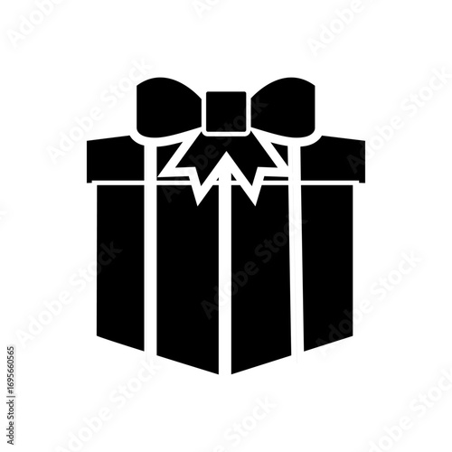 Minimalist gift box icon with a tied ribbon bow. A simple black silhouette vector graphic design element for festive occasions and celebrations