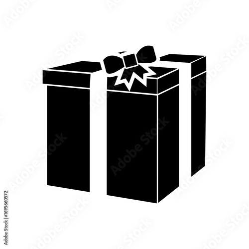 Black and white vector icon of a wrapped gift box with a decorative bow, a simple silhouette symbol for holidays and celebrations