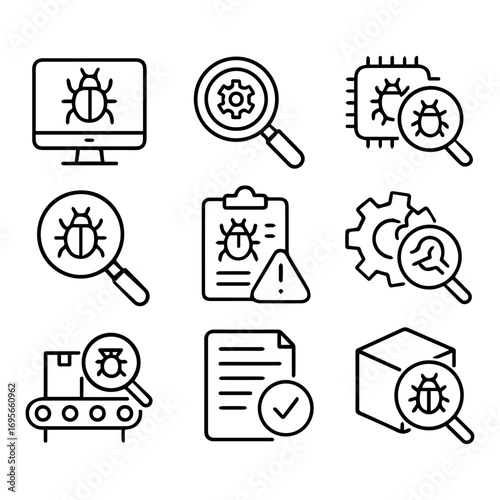 Software Debugging and Quality Assurance Icons Bug Detection and Error Reporting.