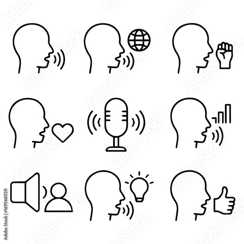 Symbolic Communication Icons Depicting Speech Ideas and Global Connection.