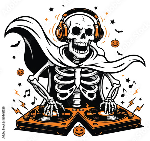 A cartoon skeleton DJ wearing headphones and a cape plays music on a turntable for a Halloween party.