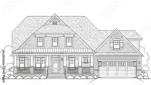 Architectural Drawing | Black and White Line Art House Exterior with Gabled Roof and Garage