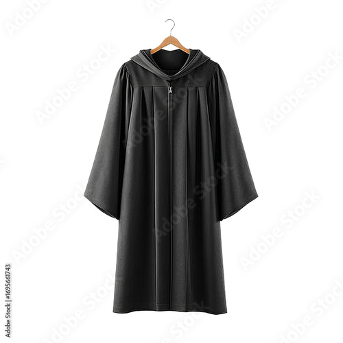A long black hooded robe with a zipper, hanging on a wooden hanger, showcasing its simple and plain design.