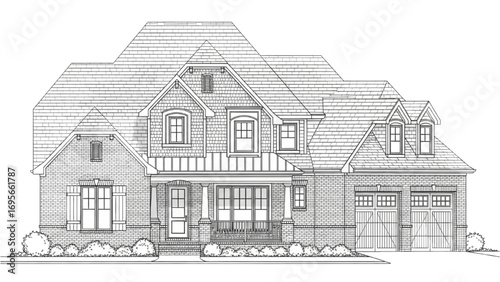 Architectural Drawing | Black and White Line Art House Exterior with Gabled Roof and Garage