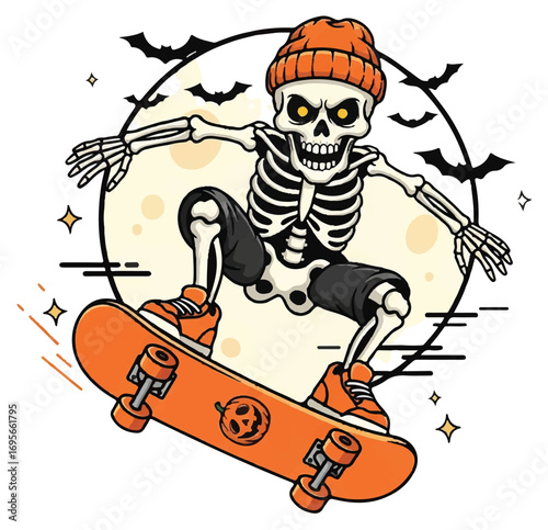 A cool skeleton wearing an orange beanie and shorts, skateboarding in mid-air against a full moon with flying bats and sparkling stars.