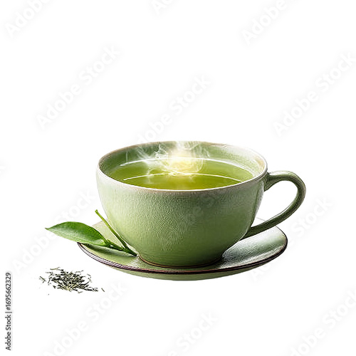 A green tea cup with steam, containing green tea, and some tea leaves placed beside it, representing a peaceful tea moment.