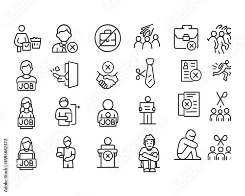 Set of outline icons related to jobless, firing, retirement. Linear icon collection